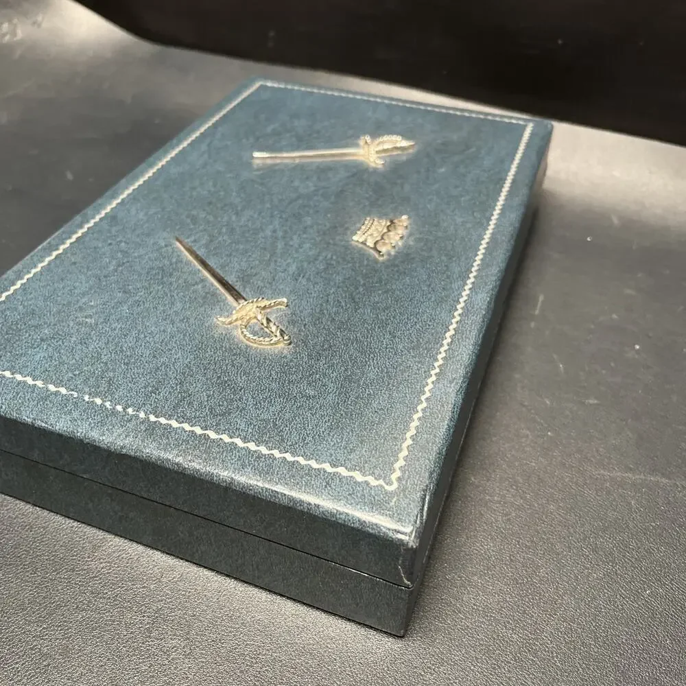 Vintage Dante Mens Jewelry Box Valet Box Faux Blue Leather, Swords & Crown